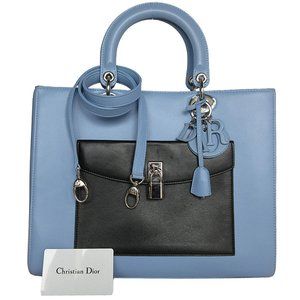 Christian Dior Handbag Shoulder Bag Diorissimo Leather Light Blue x Black Whi...